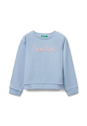 Sweatshirt pour enfants bleu clair avec des poignets et un bas côtelés, arborant "Benetton" brodé en rose et blanc sur la poitrine.