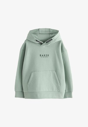 Sweat à capuche vert clair avec poche avant et texte noir "BAKER by Ted Baker" sur la poitrine et les cordons de la capuche.