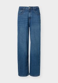 Μπλε τζιν παντελόνι με ίσια γραμμή, ψηλή μέση, κουμπί μπροστά, κλείσιμο με φερμουάρ και πέντε τσέπες.