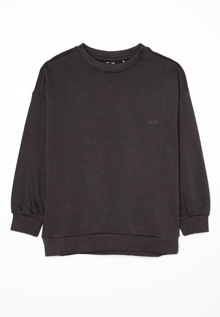 Czarnoszary długi rękaw sweatshirt z okrągłym dekoltem, z ribbowanymi mankietami i dolnym wykończeniem, małe haftowane logo na lewej piersi.