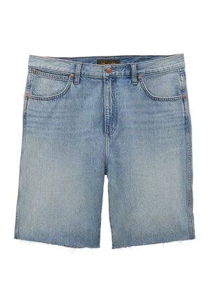 Pantaloncini in denim azzurro chiaro con tasche frontali, passanti per cintura, chiusura con bottoni e orli tagliati a vivo.