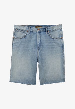 Svetlo modri jeans kratke hlače z sprednjimi žepi, zankami za pas, gumbnim zapiranjem in robovi s suhim rezom.