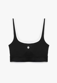 Sort sports-bh med brede stropper og hvid kant. Har et rundt logo på forsiden og et glat elastisk bånd i bunden.