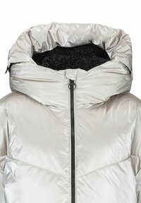 Metallisch zilveren pufferjack met een hoge, geplooide capuchon, zwarte fleece-voering en een ritssluiting aan de voorkant. Heeft een gewatteerd ontwerp.