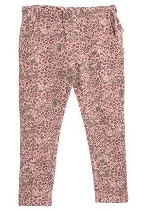 Lyserøde bukser med brunt blomster- og dyreprint, med elastisk talje og sidelommer.