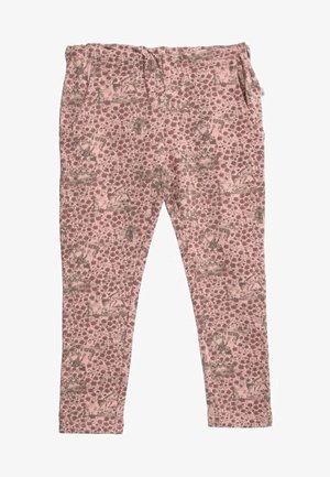 Pantalon rose avec imprimé floral et animal marron, avec une ceinture élastique et des poches latérales.