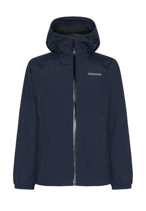 Mørkeblå vandtæt jakke med lynlås foran, justerbar hætte, elastiske manchetter og et diskret mærkelogo på brystet. Glat tekstur.