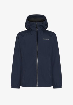 Marineblaue wasserdichte Jacke mit durchgehendem Reißverschluss, verstellbarer Kapuze, elastischen Bündchen und einem dezenten Markenlogo auf der Brust. Glatte Oberfläche.