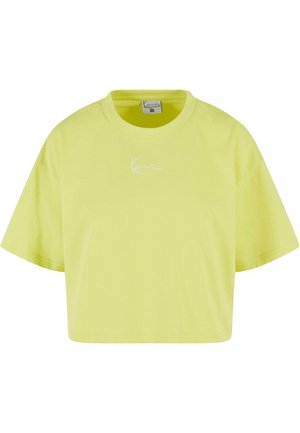 Afskåret t-shirt i klart neon gul bomuld, med korte ærmer og rund halsudskæring, samt en diskret hvid broderet logo på fronten.