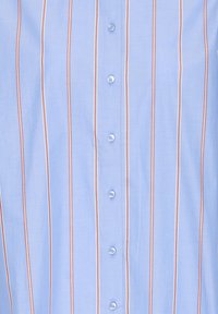 Button-up shirt in light blue fabric with vertical stripes in white and rust tones, featuring six buttons and a smooth texture.