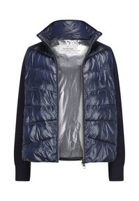 Marineblauer Puffer-Jacke mit gestepptem Design, glänzender Oberfläche und gestrickten Ärmeln. Verfügt über einen hohen Kragen und einen Reißverschluss vorne zum Schließen. Gefütterter Innenraum.