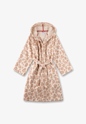 Accappatoio con cappuccio in morbido tessuto beige con stampa leopardata arancione, dotato di maniche lunghe, cintura annodata e due tasche anteriori.