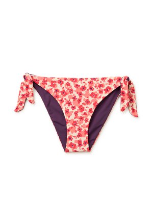 Floraler Bikini-Slip in Pink und Rot mit seitlichen Binderverschlüssen und lila Innenfutter, auf weißem Hintergrund präsentiert.