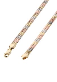 Metalarmbånd med sammenkoblede led i guld, rosaguld og sølvtoner. Udstyret med en lobsterlås for sikker fastgørelse.