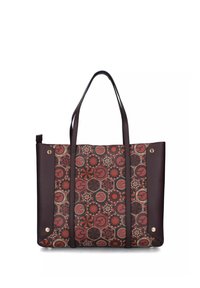 Grote draagtas met donkerbruine leren zijkanten en een geometrisch patroon in rood, zwart en beige aan de voorkant, voorzien van dubbele schouderbanden.