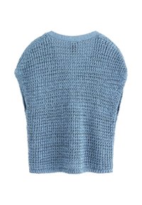 Blå, stickad tröja med en lös, boxig form. Har en texturerad, öppen väv och en rund halsringning med korta ärmar.
