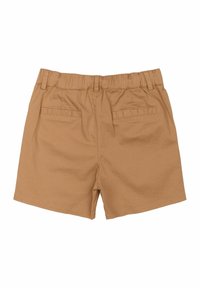 Bruna bomullsshorts med elastisk midja, utrustade med två bakfickor och en slät yta. Enkelt design med rena kanter.