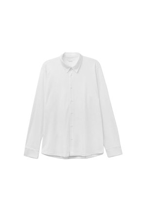 Witte langemouwen shirt van zachte katoen, met een puntige kraag, volledige knoopsluiting en rechte zoom met manchet mouwen.