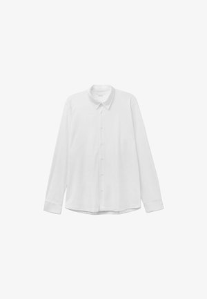 Witte langemouwen shirt van zachte katoen, met een puntige kraag, volledige knoopsluiting en rechte zoom met manchet mouwen.