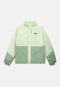 Svetlozelená a tmavozelená color-block bunda vyrobená z hladkej, odolnej tkaniny. Má vysoký golier, zips a gombíkové zapínanie.