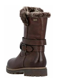 Braune Leder-Stiefel bis zur Wade mit Kunstfellbund, Schnallenakzent, strukturiertem Sohlenprofil und matter Oberfläche. Verfügt über ein robustes, strapazierfähiges Design.