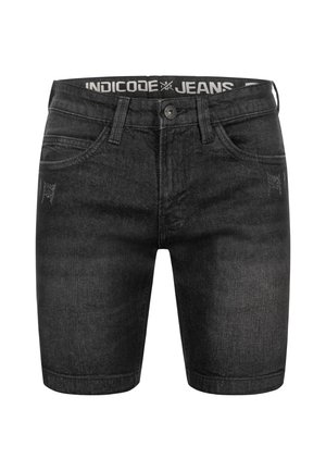 Black denim shorts with a straight leg cut, five pockets, and a simple button closure. Features a branded waistband with stitching details.