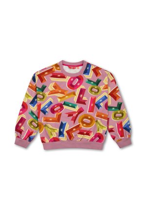 Crewneck sweatshirt met roze basis en kleurrijke 3D geometrische letters in rood, groen, blauw, oranje en geel verspreid over de stof.