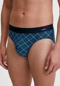 Blaue und schwarze karierte Slips mit einem dunklen Bund; der Stoff wirkt weich und elastisch; das Markenlogo ist auf dem Bund aufgestickt.