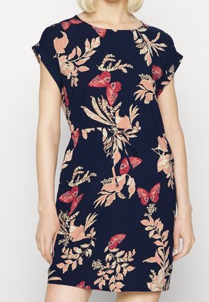 Floral dress in dark navy fabric with short sleeves, featuring peach and red butterfly and leaf patterns, cinched waist with a tie detail.