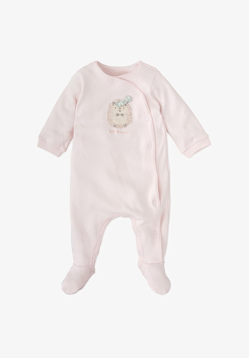Monosie rosa para bebés fabricado en un tejido suave. Con mangas largas, botones a presión en un lado, diseño con pies, y con un bordado de erizo con detalles.
