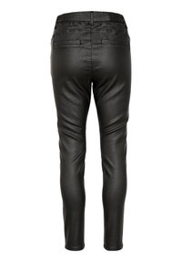 Svarta fusk läder skinny jeans med en slät yta, med en midjehöjd som når till mitten och två bakfickor. Skräddarsydd passform vid ankeln.