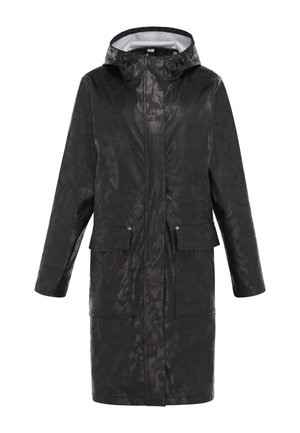 Impermeabile lungo nero con cappuccio, cerniera frontale e due tasche con patta all'altezza della vita, mostrato su sfondo bianco.
