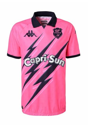 Roze korte mouw jersey met een zwarte kraag, opvallende bliksemgrafieken en de tekst "Capri-Sun" in wit. Gemaakt van ademend materiaal.