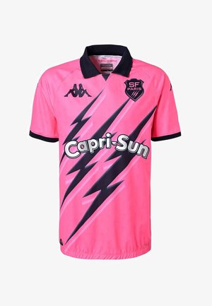 Roze korte mouw jersey met een zwarte kraag, opvallende bliksemgrafieken en de tekst "Capri-Sun" in wit. Gemaakt van ademend materiaal.