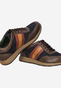 Brown and navy sneakers with a leather and suede finish. Features orange stripes, perforated accents, and a rubber sole.