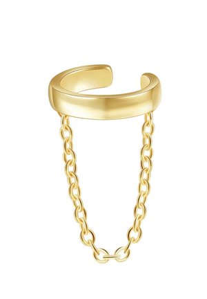 Manchette d'oreille en or avec chaîne reliée qui pend, conçue pour se clipser sur l'oreille sans piercing.