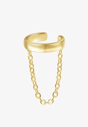 Manchette d'oreille en or avec chaîne reliée qui pend, conçue pour se clipser sur l'oreille sans piercing.
