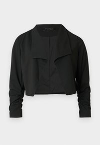 Μαύρο κοντό μπουφάν με διαχωρισμένο γιακά και ρυτιδωμένα μακριά μανίκια. Κατασκευασμένο από λείο ύφασμα, με απλό και καθαρό σχέδιο.