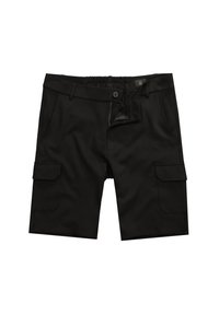 Schwarze Cargo-Shorts mit elastischem Bund, Knopfverschluss, zwei Vordertaschen und seitlicher Cargotasche. Glatter Stoff mit maßgeschneidertem Design.