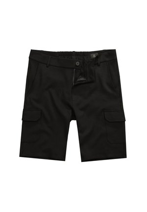 Černé cargo šortky s elastickým pasem, zapínáním na knoflík, dvěma předními kapsami a boční kapsou na cargo. Hladká tkanina s šitým designem.