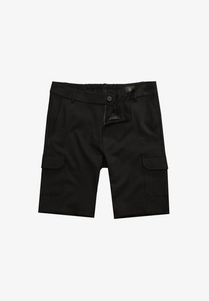 Sorte cargo-shorts med elastisk talje, knaplukning, to forlommer og sidelomme. Glat stof med skræddersyet design.