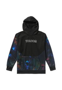 Felpa nera con un motivo floreale multicolore sulle maniche e sul davanti. Presenta un collo alto e un cappuccio con coulisse regolabile.