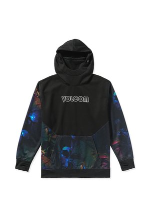 Felpa nera con un motivo floreale multicolore sulle maniche e sul davanti. Presenta un collo alto e un cappuccio con coulisse regolabile.