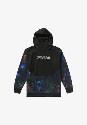 Felpa nera con un motivo floreale multicolore sulle maniche e sul davanti. Presenta un collo alto e un cappuccio con coulisse regolabile.