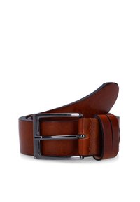 Brauner Ledergürtel mit glatter Textur, ausgestattet mit einer silbernen rechteckigen Schnalle und kontrastierenden schwarzen Kanten.