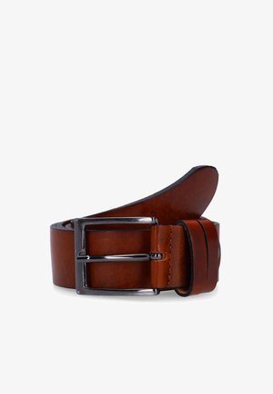 Brown leather belt with a smooth texture, featuring a silver rectangular buckle and contrasting black edging.