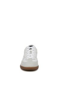 White athletic shoe with a suede toe cap and gray accents. Features round laces, a logo on the tongue, and a gum rubber sole.