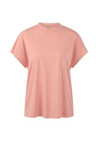 Pink short-sleeve top made of soft fabric with a high neckline, featuring small metallic embellishments scattered across the front.