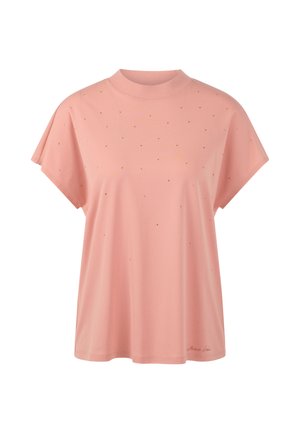 Pink short-sleeve top made of soft fabric with a high neckline, featuring small metallic embellishments scattered across the front.