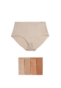 Högmidjade beige trosor gjorda av mjukt tyg, tillsammans med fem matchande band i olika nyanser och ett zebramönster på ett av banden.